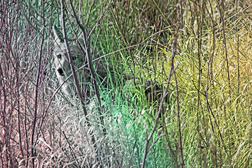 Coyote Makes Eye Contact Among Tall Grass (Rainbow Tint Photo)
