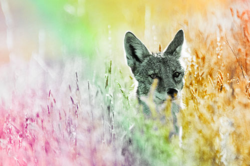 Coyote Peeking Head Above Feather Reed Grass (Rainbow Tint Photo)