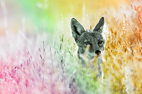 Coyote Peeking Head Above Feather Reed Grass (Rainbow Tint)