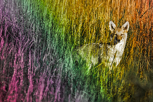 Coyote Watches Among Feather Reed Grass (Rainbow Tint Photo)