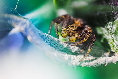 Crab Spider Cowers Among Leaf Petal (Rainbow Tint)