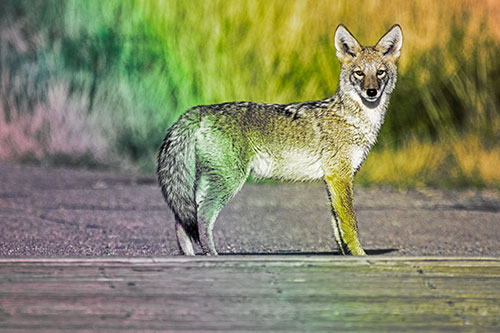 Crossing Coyote Glares Across Bridge Walkway (Rainbow Tint Photo)