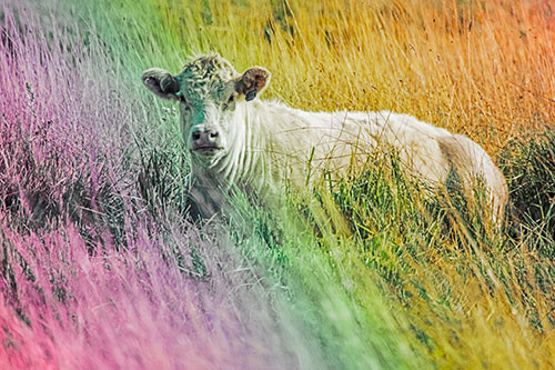 Curious Cow Awakens From Nap (Rainbow Tint Photo)
