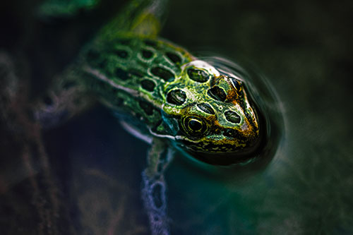 Curious Leopard Frog Peeking Head Above Water (Rainbow Tint)