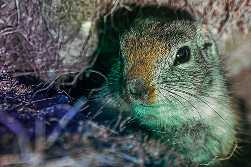 Curious Prairie Dog Watches From Dirt Tunnel Entrance (Rainbow Tint)
