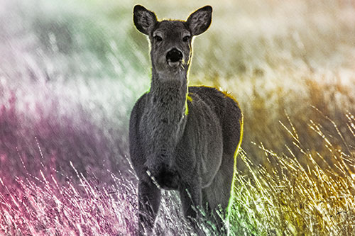 Curious White Tailed Deer Glaring Among Sunset (Rainbow Tint Photo)