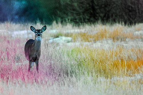 Curious White Tailed Deer Watching Among Snowy Field (Rainbow Tint Photo)
