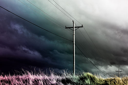 Dark Thunderstorm Clouds Over Powerline (Rainbow Tint Photo)