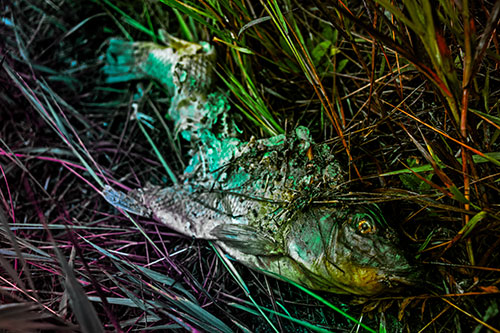 Decaying Salmon Fish Rotting Among Grass (Rainbow Tint)
