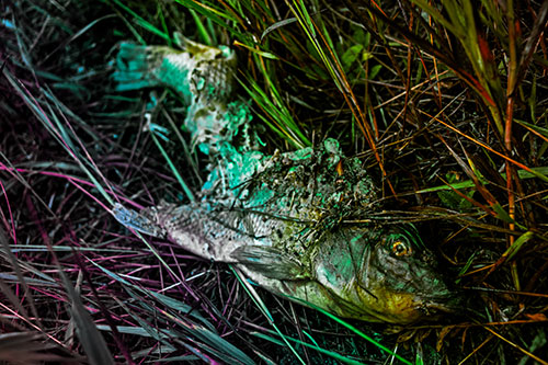 Decaying Salmon Fish Rotting Among Grass (Rainbow Tint Photo)