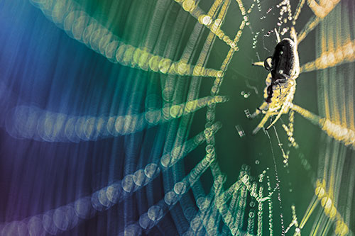 Dewy Orb Weaver Spider Hangs Among Web (Rainbow Tint Photo)