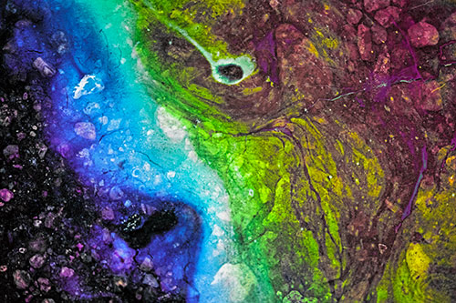 Distressed Oil Face Swirling Among Rocky Shore (Rainbow Tint)