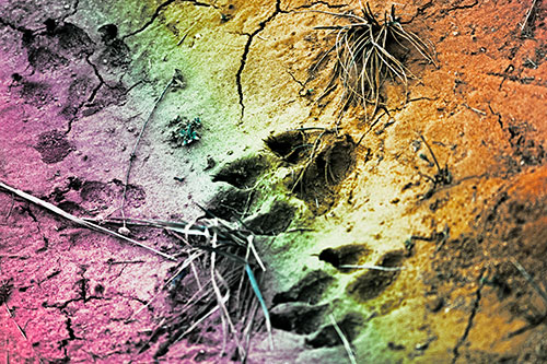 Dog Footprints On Dry Cracked Mud (Rainbow Tint Photo)