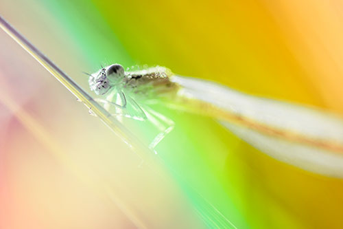 Dragonfly Rides Grass Blade Among Sunlight (Rainbow Tint Photo)