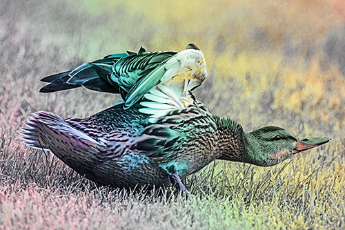 Female Mallard Duck Stretching Among Cut Grass (Rainbow Tint)