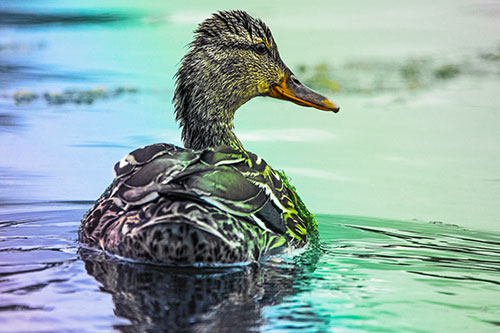 Floating Female Mallard Duck Glancing Sideways (Rainbow Tint Photo)