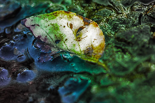 Floating Leaf Face Smirking Among Algae (Rainbow Tint Photo)