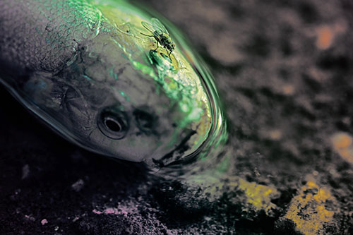 Fly Grooming Atop Dead Freshwater Whitefish Eyeball (Rainbow Tint Photo)