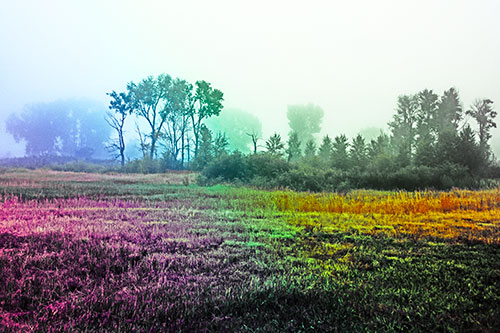 Fog Lingers Beyond Tree Clusters (Rainbow Tint Photo)