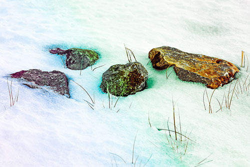 Four Big Rocks Buried In Snow (Rainbow Tint Photo)