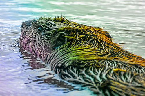 Frightened Beaver Swims Upstream River (Rainbow Tint Photo)