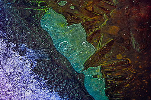 Frozen Bubble Eyed Ice Face Figure Along River Shoreline (Rainbow Tint Photo)