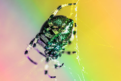 Furrow Orb Weaver Spider Descends Down Web (Rainbow Tint)