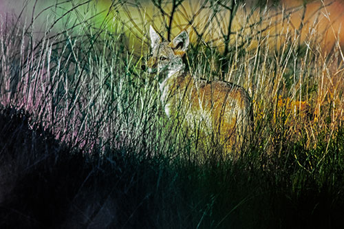 Gazing Coyote Watches Among Feather Reed Grass (Rainbow Tint Photo)