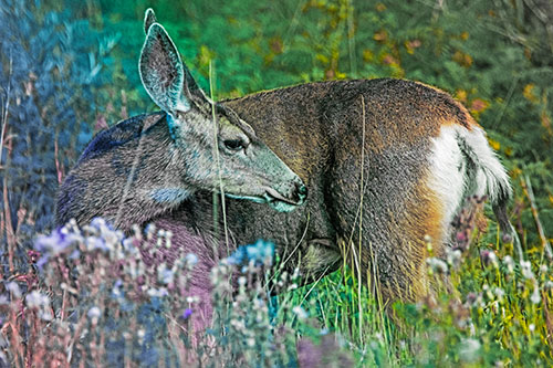 Grooming Mule Deer Bending Backwards Among Vegetation (Rainbow Tint)