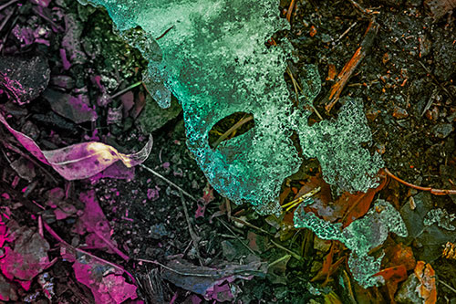 Half Melted Ice Face Atop Dead Leaves (Rainbow Tint)