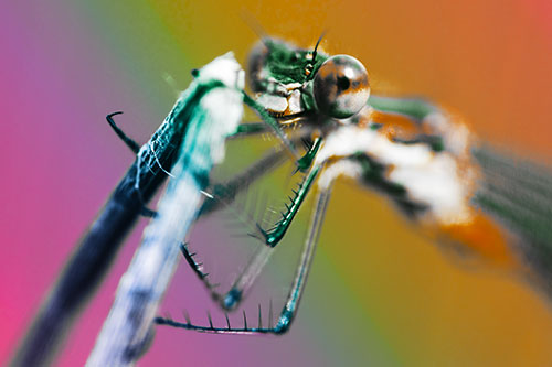 Happy Faced Dragonfly Clings Onto Broken Stick (Rainbow Tint Photo)