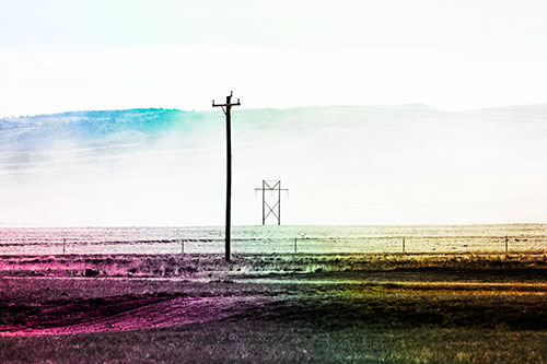 Heavy Fog Hiding Mountain Range Behind Powerlines (Rainbow Tint Photo)