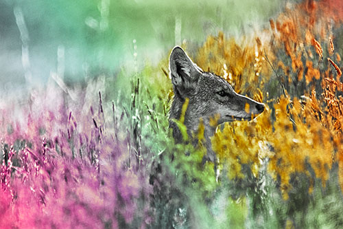 Hidden Coyote Watching Among Feather Reed Grass (Rainbow Tint Photo)