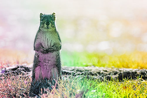 Hind Leg Squirrel Standing Among Grass (Rainbow Tint)