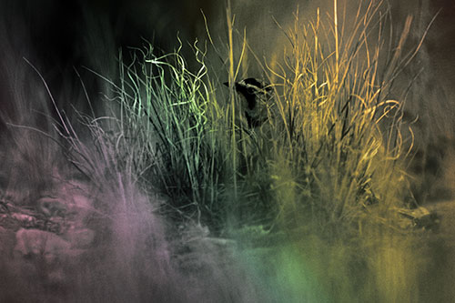 Horned Lark Hiding Among Grass (Rainbow Tint Photo)