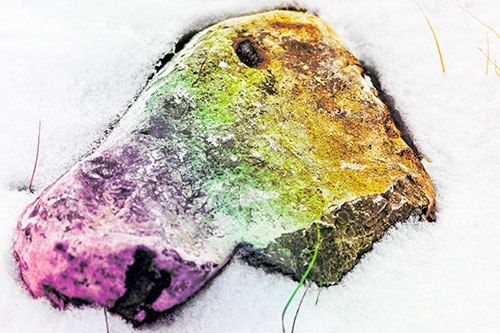 Horse Faced Rock Imprinted In Snow (Rainbow Tint Photo)