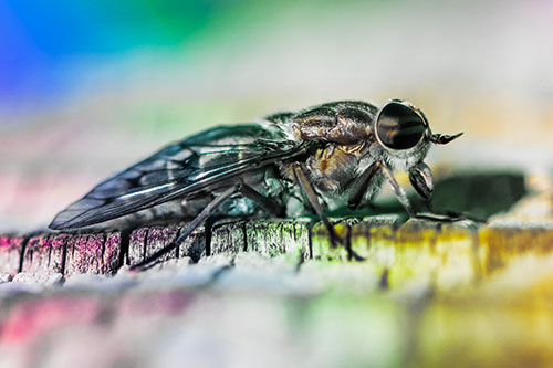 Horse Fly Resting Among Cracked Wood (Rainbow Tint)