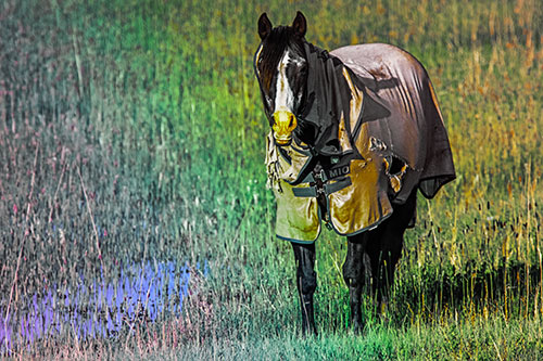 Horse Wearing Coat Standing Along Marsh (Rainbow Tint Photo)