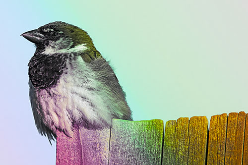 House Sparrow Perched Atop Wooden Post (Rainbow Tint Photo)