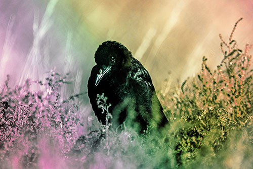 Hunched Over Raven Among Dying Plants (Rainbow Tint Photo)