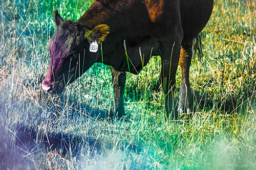 Hungry Cow Enjoying Grassy Meal (Rainbow Tint Photo)