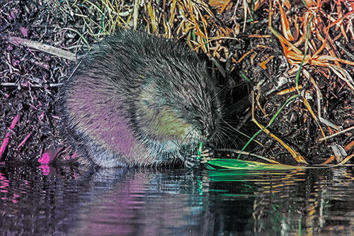 Hungry Muskrat Chews Water Reed Grass Along River Shore (Rainbow Tint Photo)