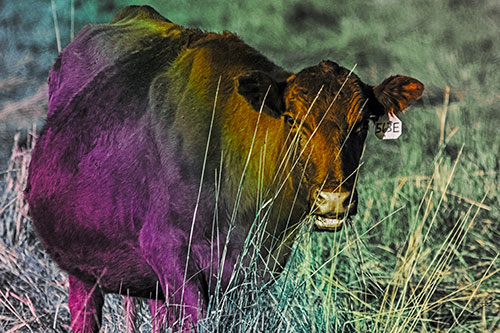 Hungry Open Mouthed Cow Enjoying Hay (Rainbow Tint)