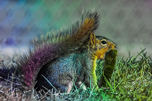 Hungry Squirrel Chews Watermelon Among Grass (Rainbow Tint)