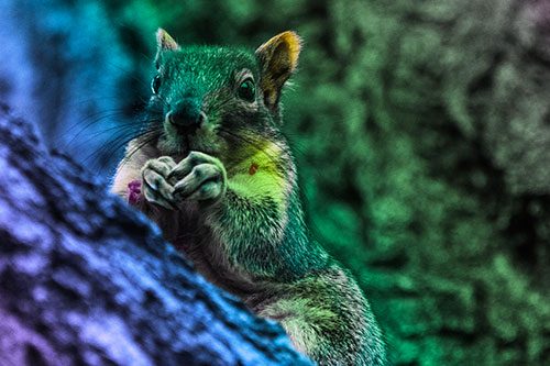 Hungry Squirrel Feasting Among Sloping Tree Branch (Rainbow Tint Photo)