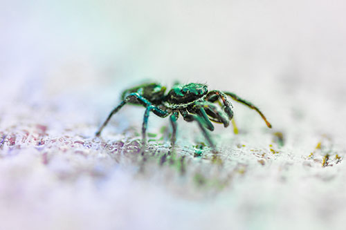 Jumping Spider Crawling Along Flat Terrain (Rainbow Tint)