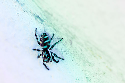 Jumping Spider Crawling Down Wood Surface (Rainbow Tint Photo)