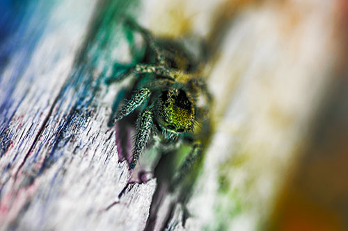 Jumping Spider Perched Among Wood Crevice (Rainbow Tint Photo)