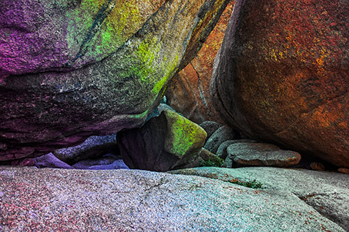Large Crowded Boulders Leaning Against One Another (Rainbow Tint Photo)