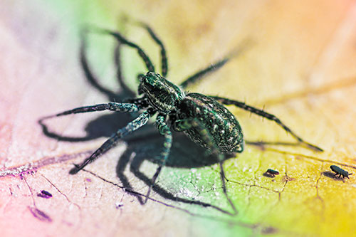 Leaf Perched Wolf Spider Stands Among Water Springtail Poduras (Rainbow Tint Photo)